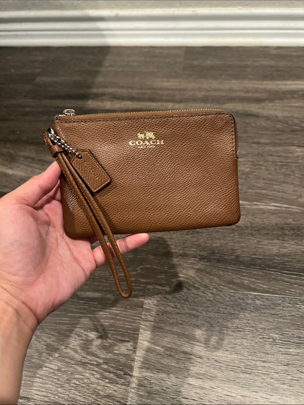Coach Tan/Brown Leather Wristlet with Gold Logo